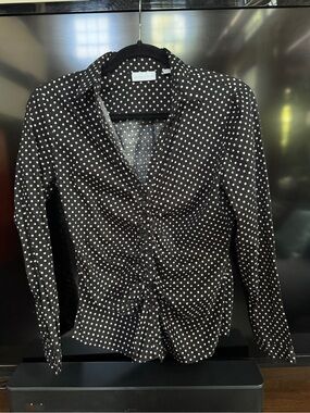 New York & Company Black and White Polka Dot Ruched Button-Down Shirt